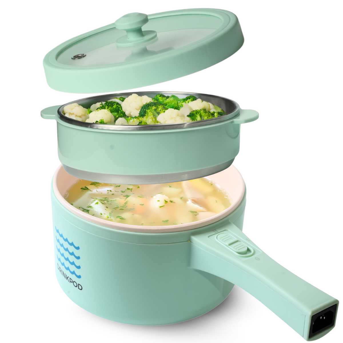 DRINKPOD 2L Electric Hot Pot with Steamer, Portable Multi Cooker for Ramen, Eggs, Soup, Oatmeal Non-Stick Mini Pot with Adjustable Temperature (AQUA)