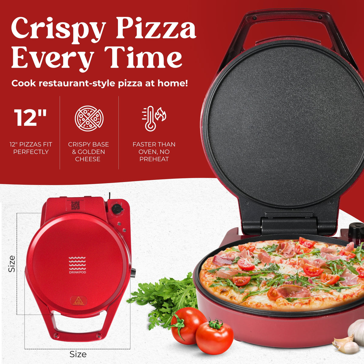 DRINKPOD 12-Inch Pizza Maker &amp; Electric Griddle Nonstick, 180 Flat Open, Dual Heating Plates, Adjustable Temp &amp; Timer  Ideal for Pancakes, Crepes, Quesadillas, Grilled Cheese