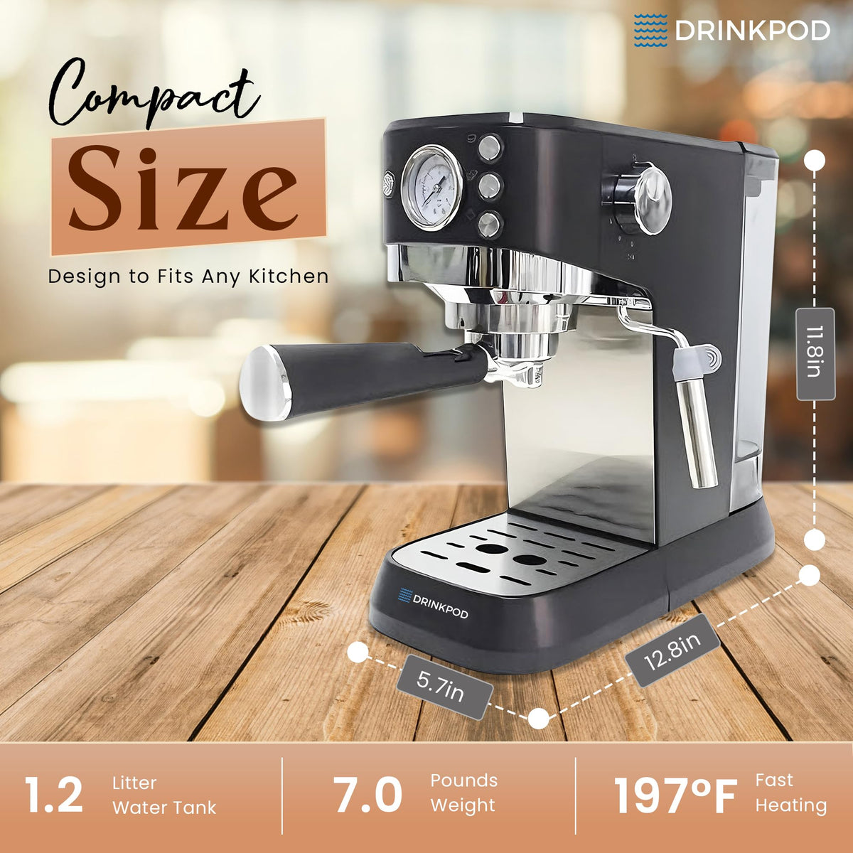 DRINKPOD 20 Bar Espresso Machine ? Coffee &amp; Espresso Maker Combo with Milk Frother Steam Wand, Stainless Steel Cup Plate, and 1.5L Removable Water Tank ? High Pressure Espresso Maker