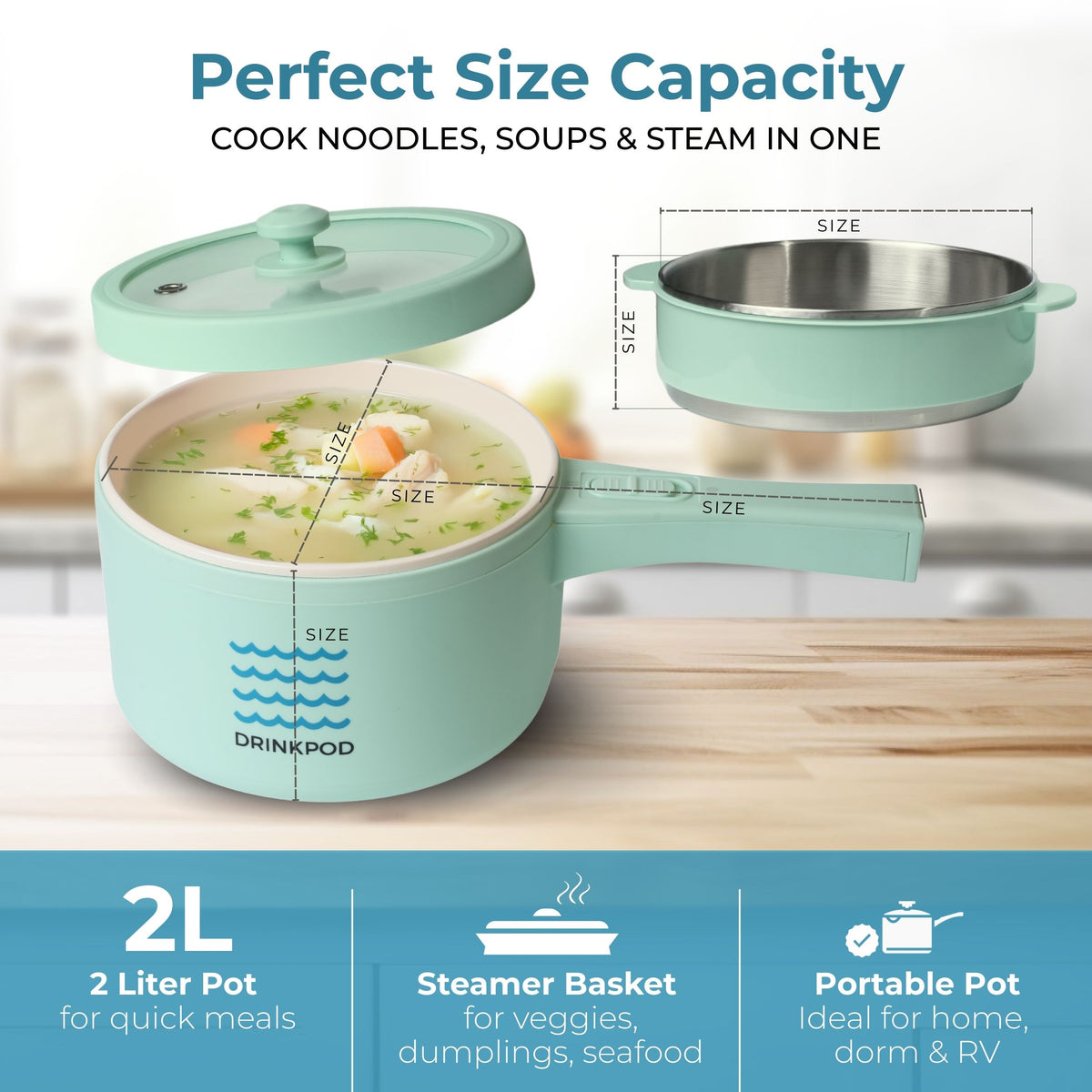DRINKPOD 2L Electric Hot Pot with Steamer, Portable Multi Cooker for Ramen, Eggs, Soup, Oatmeal Non-Stick Mini Pot with Adjustable Temperature (AQUA)