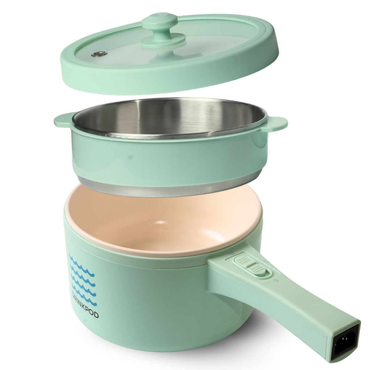 DRINKPOD 2L Electric Hot Pot with Steamer, Portable Multi Cooker for Ramen, Eggs, Soup, Oatmeal Non-Stick Mini Pot with Adjustable Temperature (AQUA)