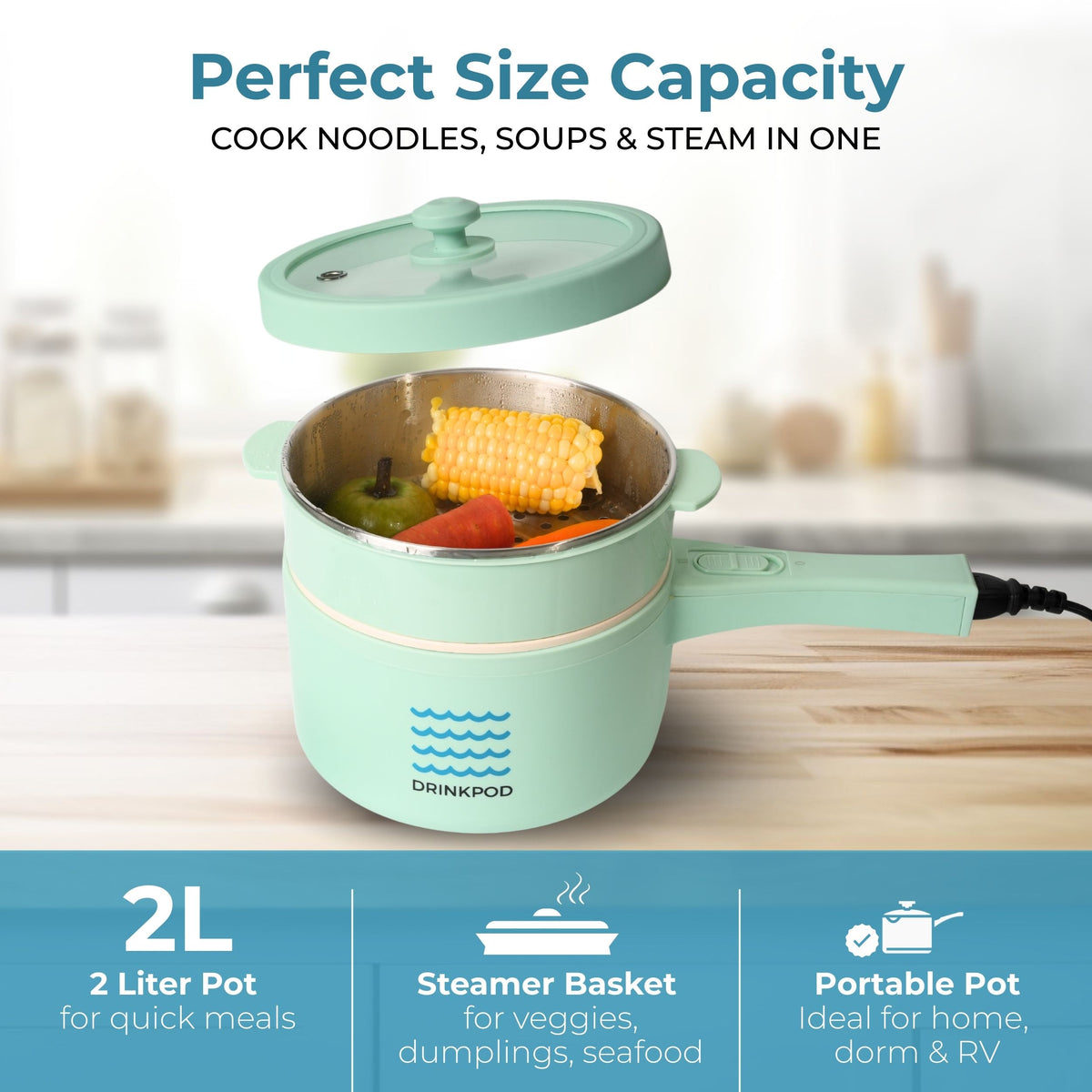 DRINKPOD 2L Electric Hot Pot with Steamer, Portable Multi Cooker for Ramen, Eggs, Soup, Oatmeal Non-Stick Mini Pot with Adjustable Temperature (AQUA)