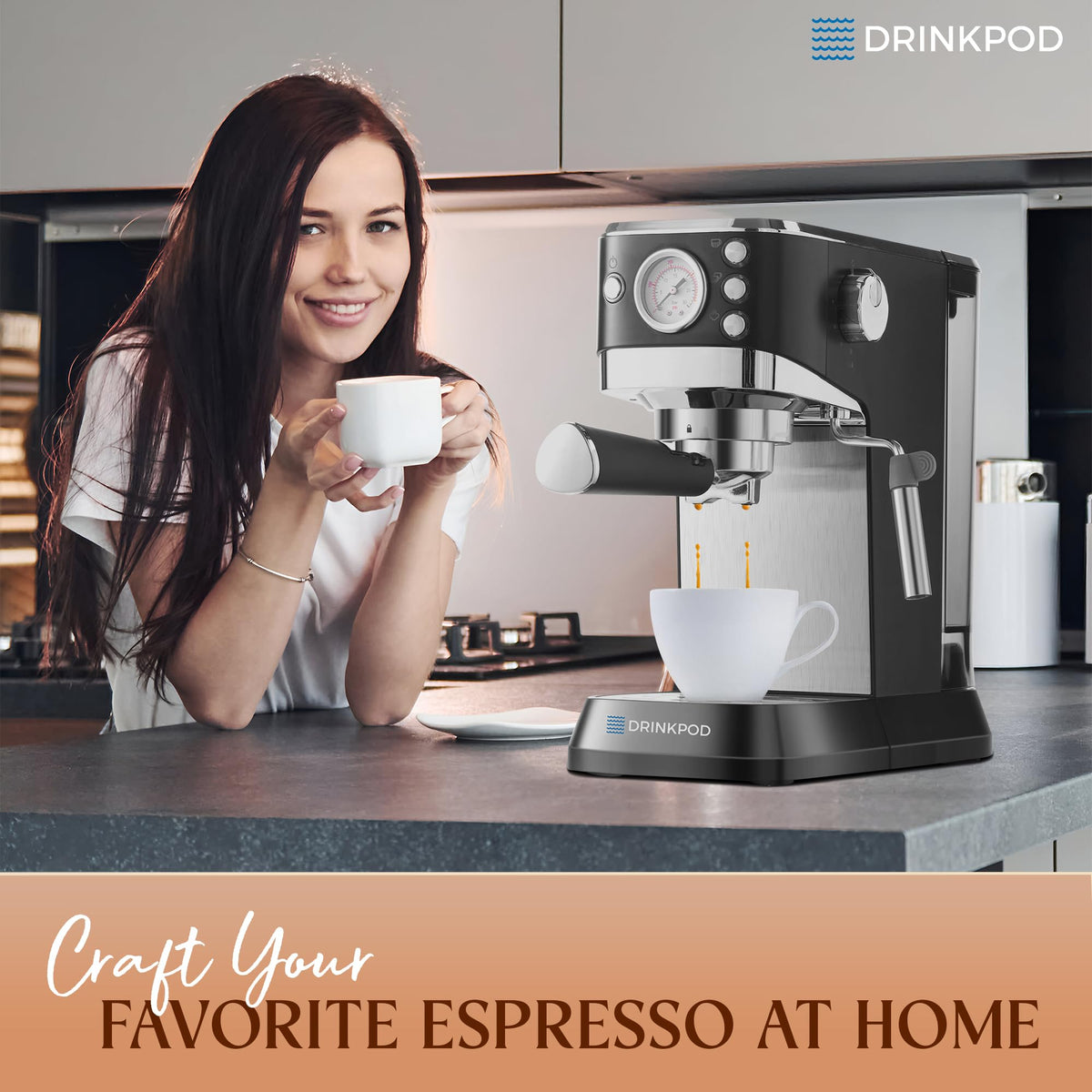 DRINKPOD 20 Bar Espresso Machine ? Coffee &amp; Espresso Maker Combo with Milk Frother Steam Wand, Stainless Steel Cup Plate, and 1.5L Removable Water Tank ? High Pressure Espresso Maker