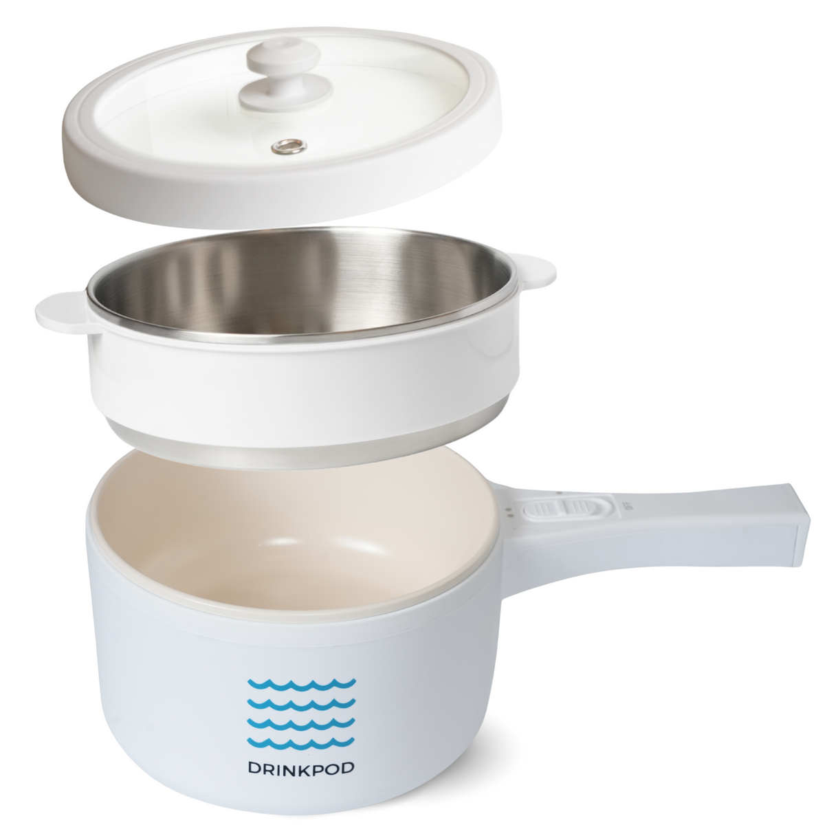 DRINKPOD 2L Electric Hot Pot with Steamer, Portable Multi Cooker for Ramen, Eggs, Soup, Oatmeal Non-Stick Mini Pot with Adjustable Temperature (WHITE)
