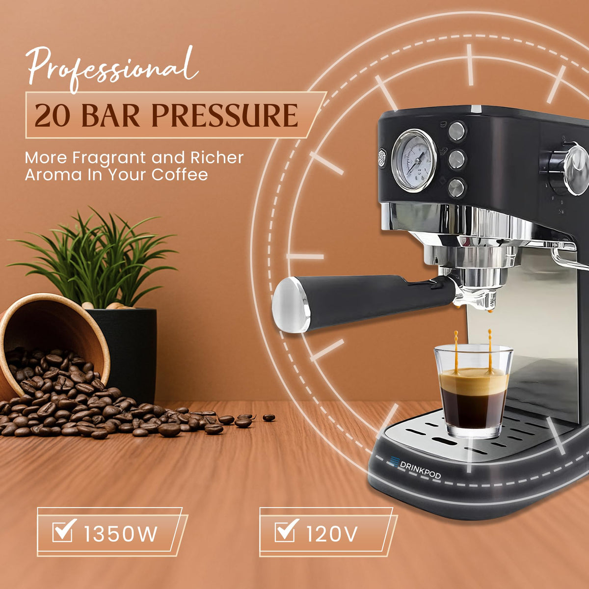 DRINKPOD 20 Bar Espresso Machine ? Coffee &amp; Espresso Maker Combo with Milk Frother Steam Wand, Stainless Steel Cup Plate, and 1.5L Removable Water Tank ? High Pressure Espresso Maker