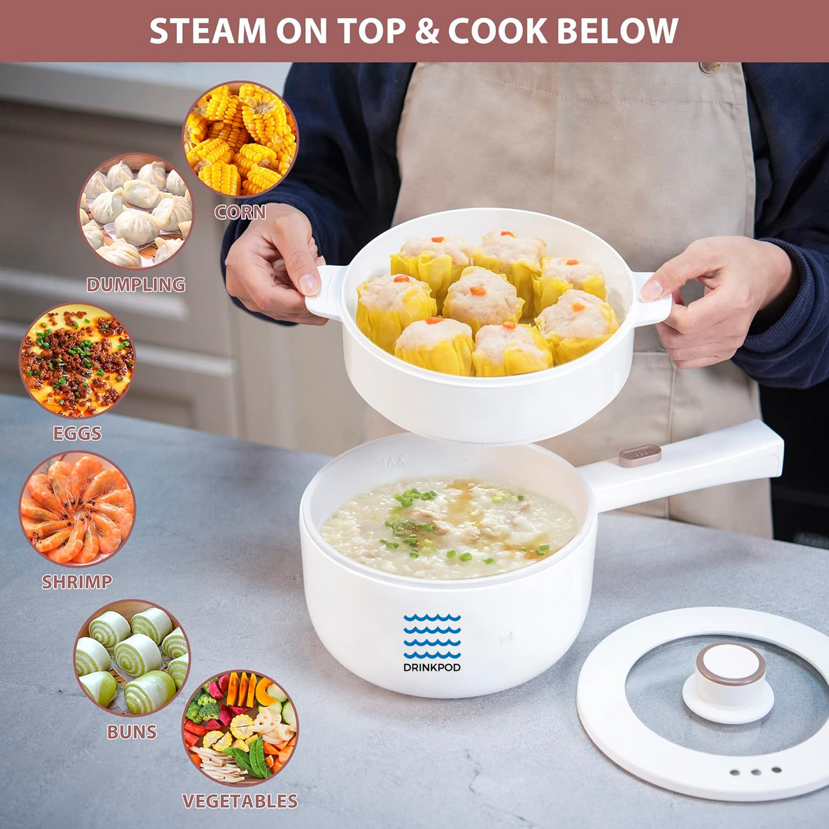 DRINKPOD 2L Electric Hot Pot with Steamer, Portable Multi Cooker for Ramen, Eggs, Soup, Oatmeal Non-Stick Mini Pot with Adjustable Temperature (WHITE)