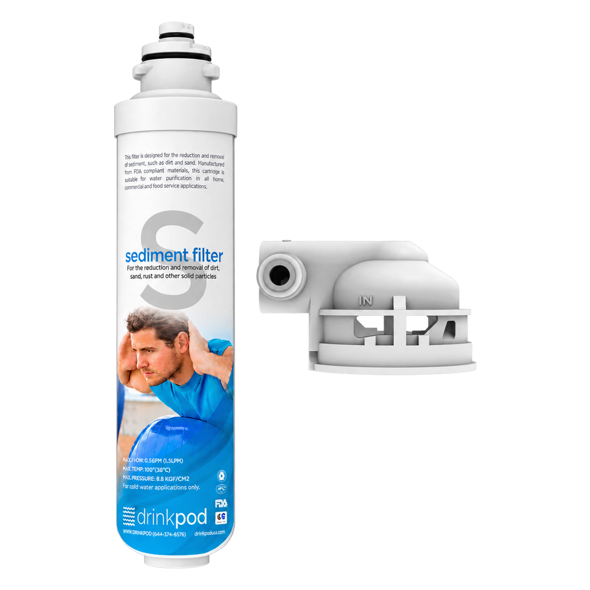 Drinkpod sediment filter pod with mounting head