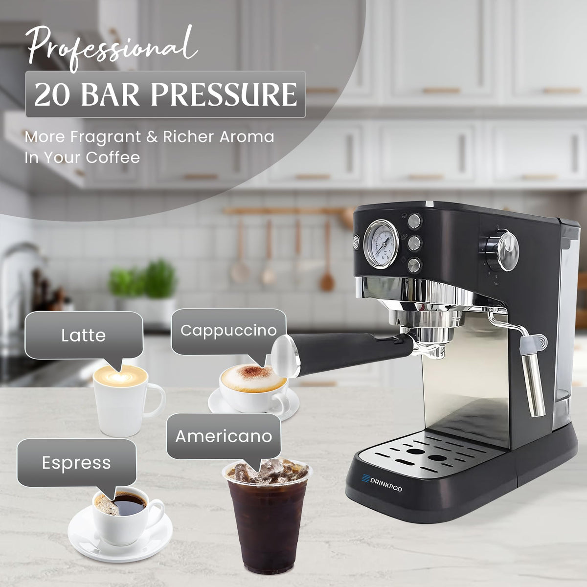 DRINKPOD 20 Bar Espresso Machine ? Coffee &amp; Espresso Maker Combo with Milk Frother Steam Wand, Stainless Steel Cup Plate, and 1.5L Removable Water Tank ? High Pressure Espresso Maker