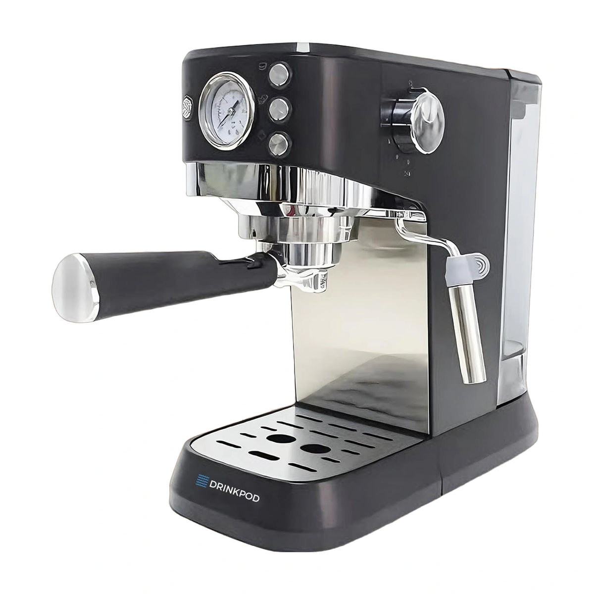 Drinkpod 20-Bar espresso machine with frother, front three-quarter view on white
