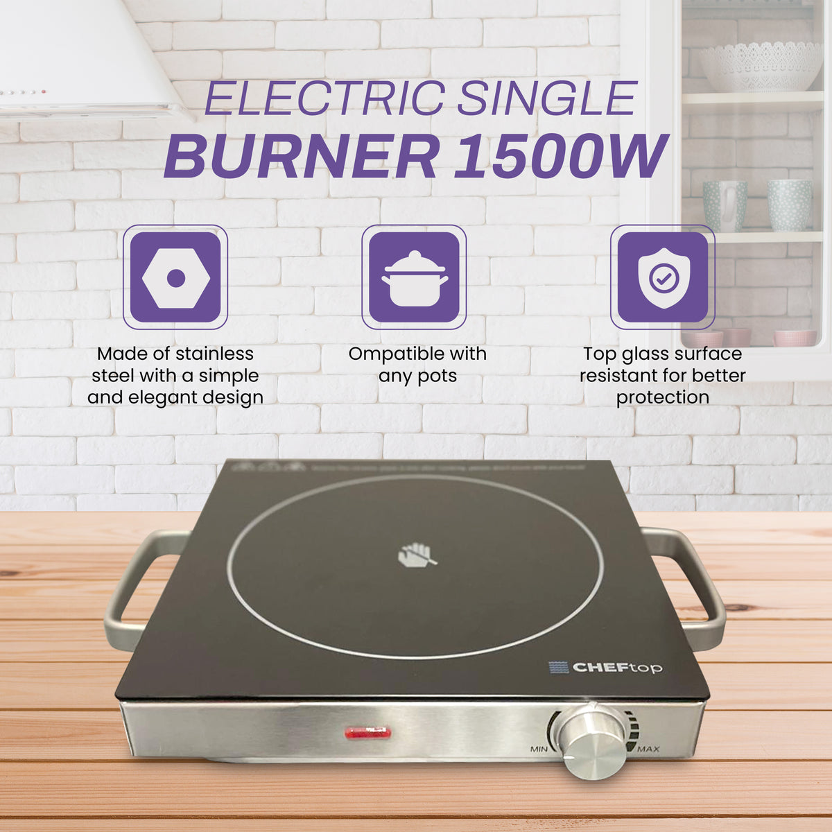 DrinkPod Hot Plate Electric Single Burner 1500W Portable Burner for Cooking with Adjustable Temperature &amp; Stay Cool Handles, Stainless Steel Easy To Clean, Non-Slip Rubber Feet, Compatible for All Cookwares