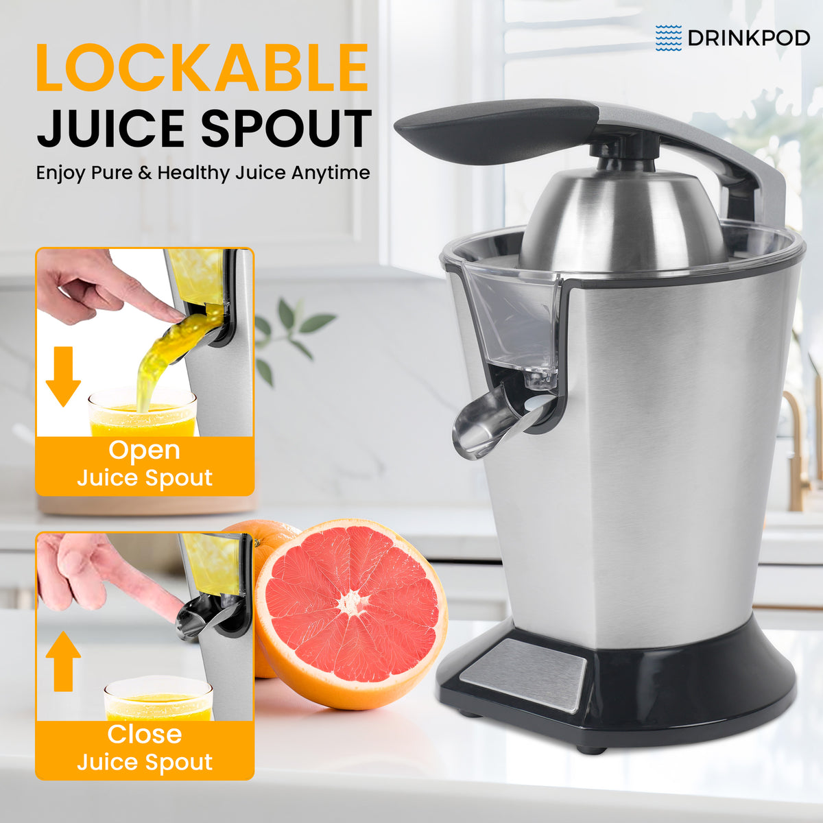 Premium Electric Orange Juicer | Stainless Steel Citrus Squeezer With New Ultra-Powerful Motor and Soft Grip Handle for Effortless Juicing, Auto Shutoff, Dishwasher-safe Parts, Pulp Control