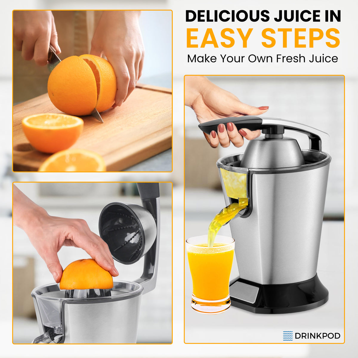 Premium Electric Orange Juicer | Stainless Steel Citrus Squeezer With New Ultra-Powerful Motor and Soft Grip Handle for Effortless Juicing, Auto Shutoff, Dishwasher-safe Parts, Pulp Control