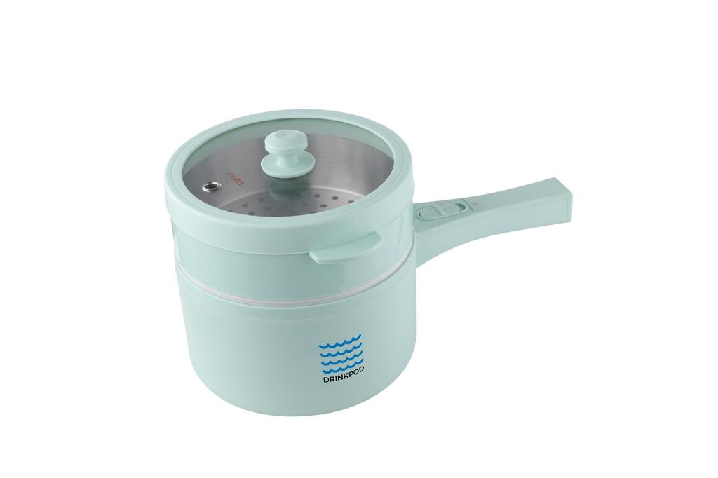 DRINKPOD 2L Electric Hot Pot with Steamer, Portable Multi Cooker for Ramen, Eggs, Soup, Oatmeal Non-Stick Mini Pot with Adjustable Temperature (AQUA)