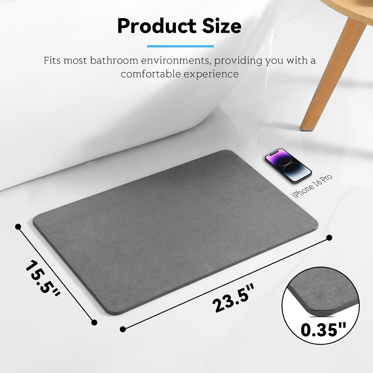 Stone Bath Mat Diatomaceous Earth Shower Mat Non-Slip Super Absorbent Bathroom Floor Mat Quick Drying Natural 23x15