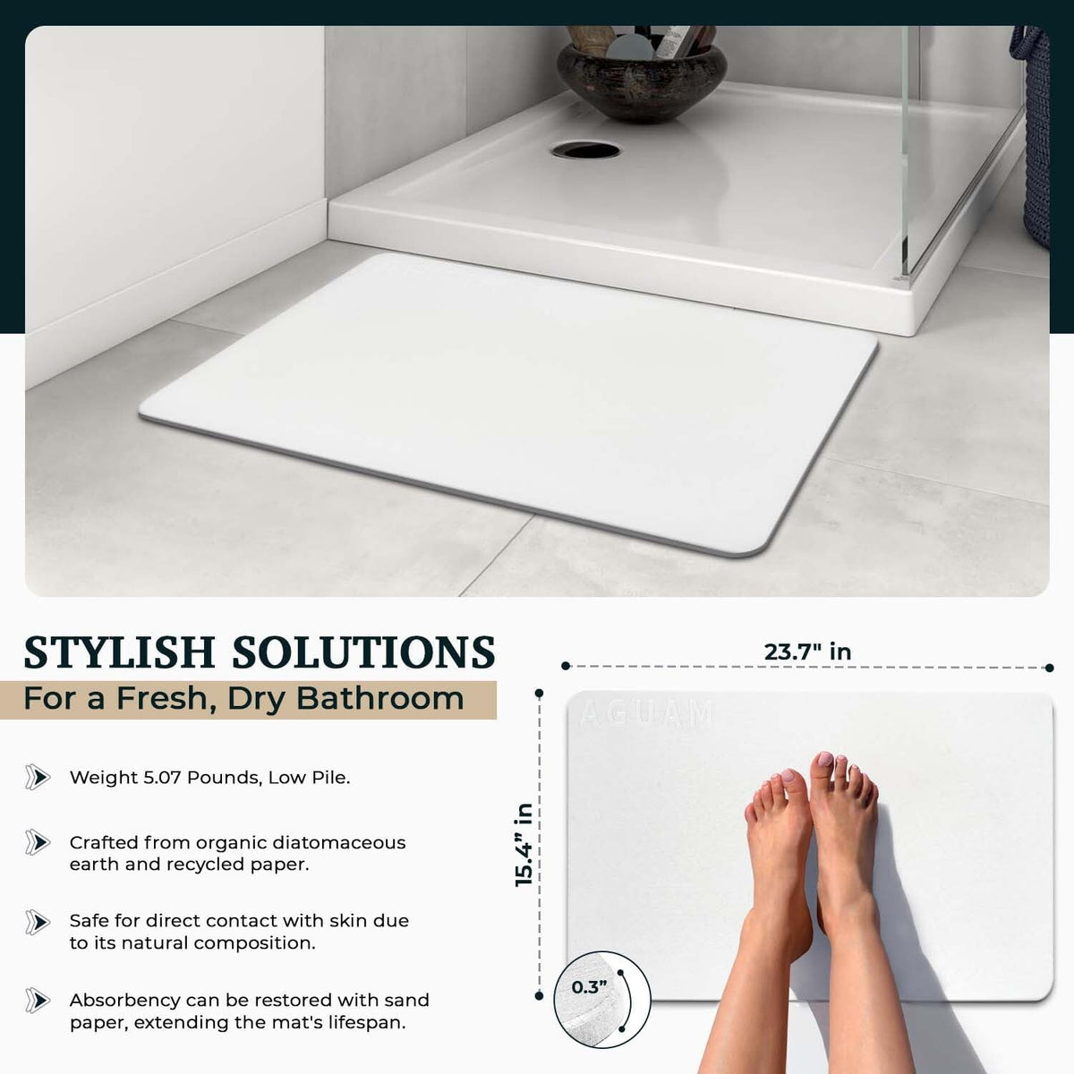 Stone Bath Mat Diatomaceous Earth Shower Mat Non-Slip Super Absorbent Bathroom Floor Mat Quick Drying Natural 23x15