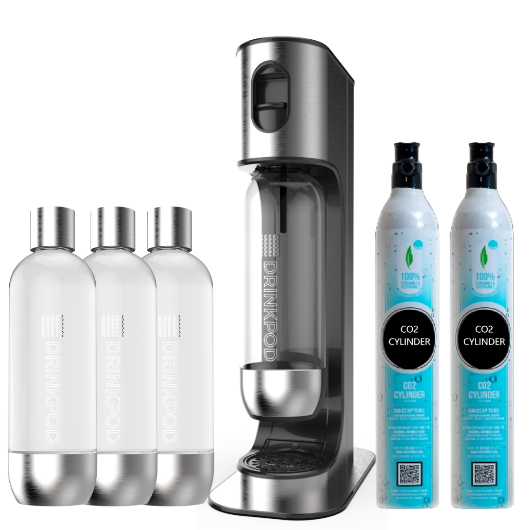 Drinkpod Soda Maker in Stainless Steel Sparkling Water Machine Carbonated Water Maker Includes 3 x Bottles (Sodapod Pro)
